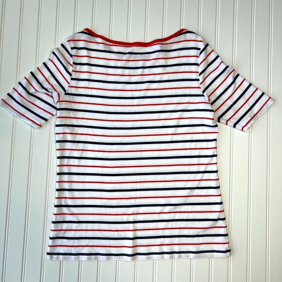 St. John's Bay Women M‎ Boatneck Tee 100% Cotton White Red Navy Striped Nautical - Picture 4 of 7